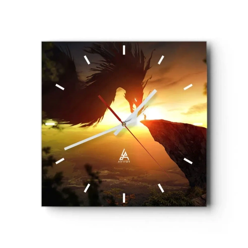 Wall clock, Clock Arttor 30x30 cm - Dragon Slayer - Abstraction, Fantasy, Dragon, Landscape, Duel, Square, Clock face with lines, For living-room, For bedroom, Black, Orange, C3AC30x30-3883