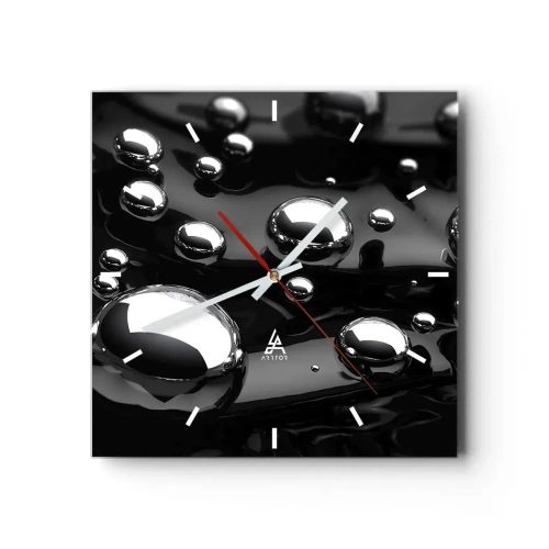 Wall clock, Clock Arttor 30x30 cm - From Black Depths - Abstraction, Chrome Spheres, 3D, Graphics, Mirror Reflection, Square, Clock face with lines, For living-room, For bedroom, Black, Silver, C3AC30x30-2525