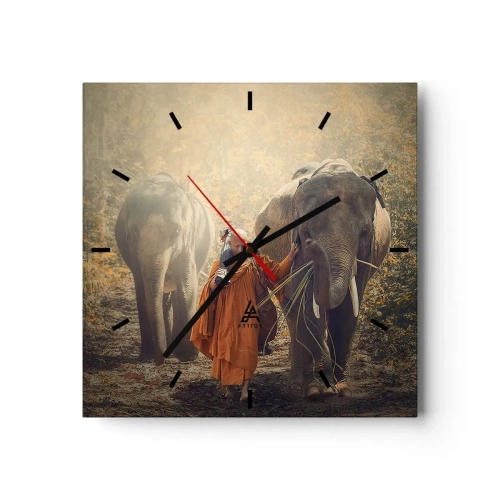 Wall clock, Clock Arttor 30x30 cm - Full Understanding - Asia, Elephant, Monk, Jungle, Buddhism, Square, Clock face with lines, For living-room, For bedroom, Orange, Grey, C3AC30x30-3453