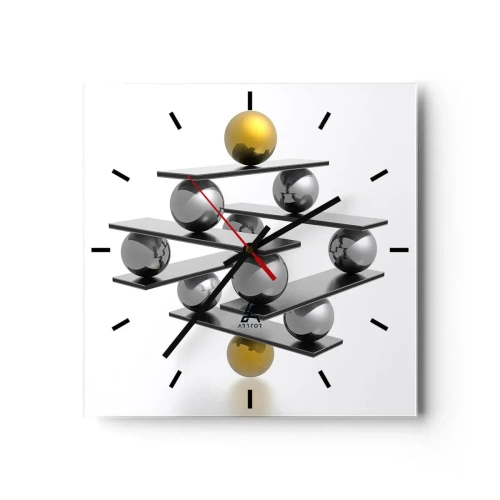 Wall clock, Clock Arttor 30x30 cm - Gold-Silver Balance - Abstraction, Metal Balls, 3D, Composition, Balance, Square, Clock face with lines, For living-room, For bedroom, Silver, Golden, C3AC30x30-2640