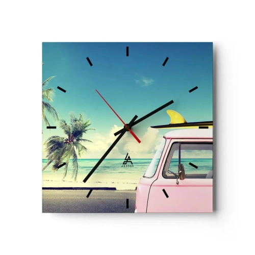 Wall clock, Clock Arttor 30x30 cm - Holiday Time - Landscape, Beach, Surfing, Sport, Palm Trees, Square, Clock face with lines, For living-room, For bedroom, Blue, White, C3AC30x30-2835