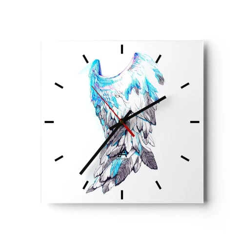 Wall clock, Clock Arttor 30x30 cm - I Need Wings - Abstraction, Bird Wing, Bird Feathers, Graphics, Art, Square, Clock face with lines, For living-room, For bedroom, White, Blue, C3AC30x30-3099