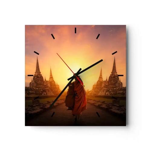 Wall clock, Clock Arttor 30x30 cm - In Peace through Eternity - Thailand, Buddhism, Temple, Monk, Meditation, Square, Clock face with lines, For living-room, For bedroom, Violet, Brown, C3AC30x30-3472