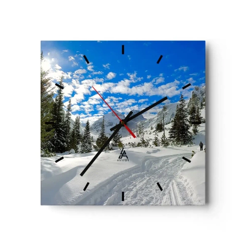 Wall clock, Clock Arttor 30x30 cm - In Snow and in the Sun - Landscape, Alps, Mountains, Winter, Sun, Square, Clock face with lines, For living-room, For bedroom, White, Green, C3AC30x30-1436