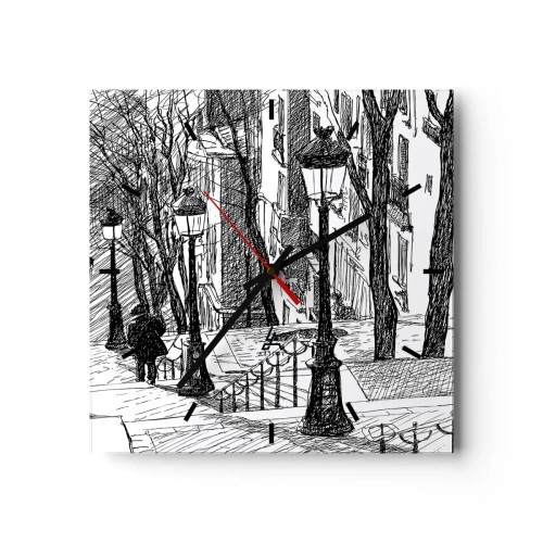 Wall clock, Clock Arttor 30x30 cm - Love Story or a Thriller? - Montmartre, Architecture, Paris, City, France, Square, Clock face with lines, For living-room, For bedroom, White, Black, C3AC30x30-3568