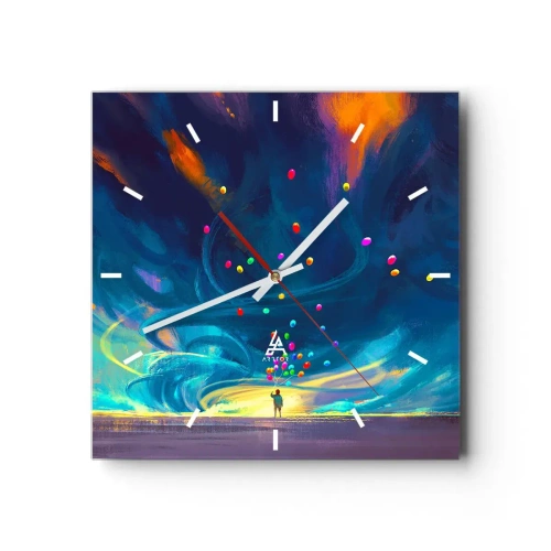 Wall clock, Clock Arttor 30x30 cm - On Blue Wind - For Children, Colorful Balloons, Abstraction, Art, Balloons, Square, Clock face with lines, For living-room, For bedroom, Blue, Orange, C3AC30x30-3714