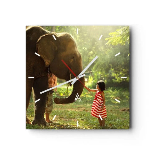 Wall clock, Clock Arttor 30x30 cm - Power of Friendship - Animals, Elephant, Girl, Asia, Friendship, Square, Clock face with lines, For living-room, For bedroom, Red, White, C3AC30x30-3884