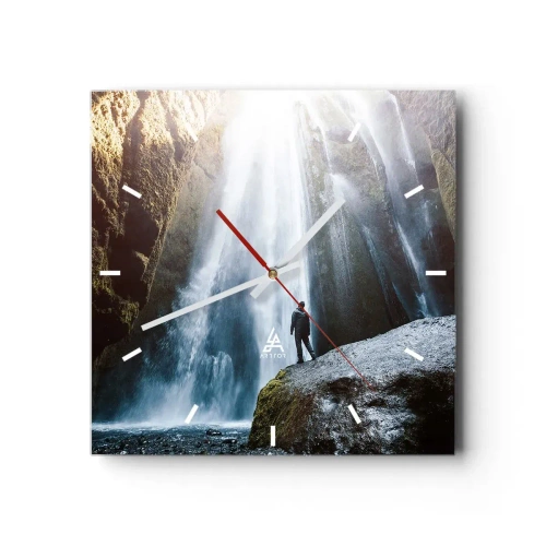 Wall clock, Clock Arttor 30x30 cm - Proportions Resumed - Waterfall, Rocks, Cave, Landscape, Nature, Square, Clock face with lines, For living-room, White, Brown, C3AC30x30-4093