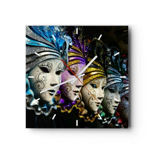 Wall clock, Clock Arttor 30x30 cm - Secret in Gold and Silver - Venetian Mask, Venice, Carnival, Art, Italy, Square, Clock face with lines, For living-room, For bedroom, Blue, Silver, C3AC30x30-2105