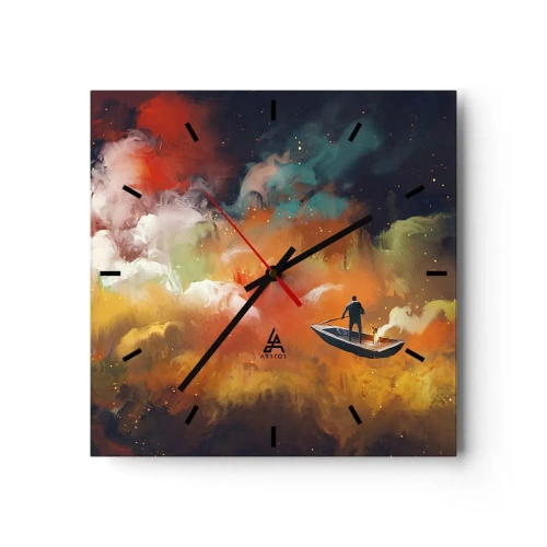 Wall clock, Clock Arttor 30x30 cm - Through the Galaxy in a Boat - Abstraction, Fantasy, Journey, Art, Clouds, Square, Clock face with lines, For living-room, For bedroom, Blue, White, C3AC30x30-3803