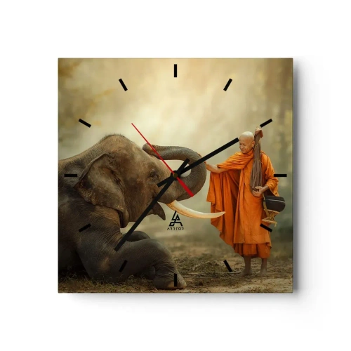 Wall clock, Clock Arttor 30x30 cm - Unexpected Meeting - Asia, Elephant, Monk, Jungle, Animals, Square, Clock face with lines, For living-room, For bedroom, Brown, Orange, C3AC30x30-3484