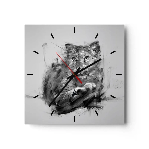 Wall clock, Clock Arttor 30x30 cm - Yes, I Am Listening - Panther, Animals, Wild Cat, Graphics, Abstraction, Square, Clock face with lines, For living-room, For bedroom, White, Grey, C3AC30x30-3850