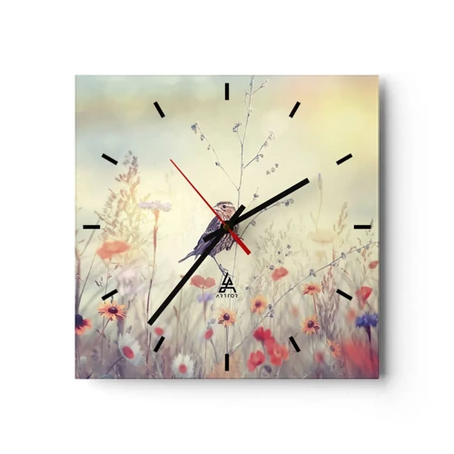 Wall clock - Clock on glass - Bird Portrait with a Meadow in the Background - 30x30 cm