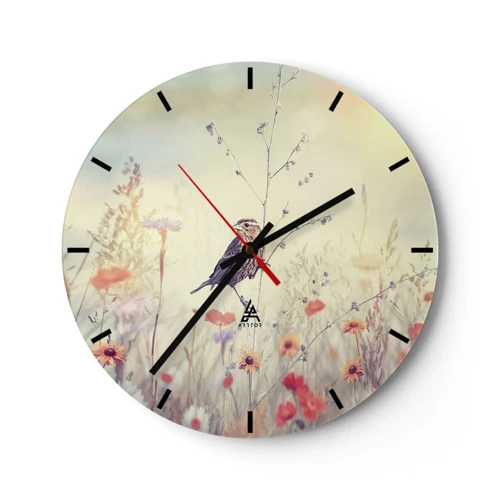 Wall clock - Clock on glass - Bird Portrait with a Meadow in the Background - 30x30 cm