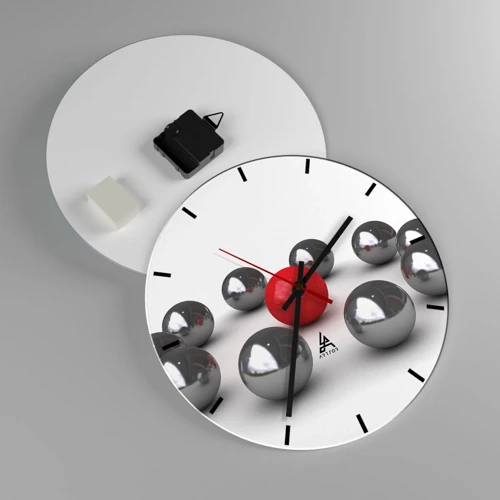 Wall clock - Clock on glass - Circle in Silver and Red - 30x30 cm