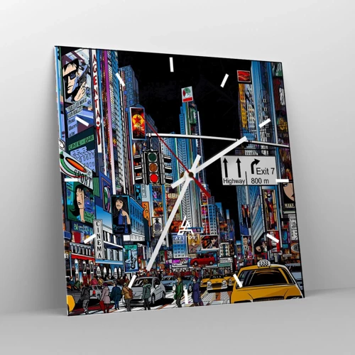 Wall clock - Clock on glass - Comic Night in a Big City - 30x30 cm