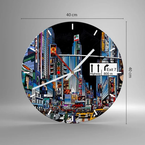 Wall clock - Clock on glass - Comic Night in a Big City - 40x40 cm