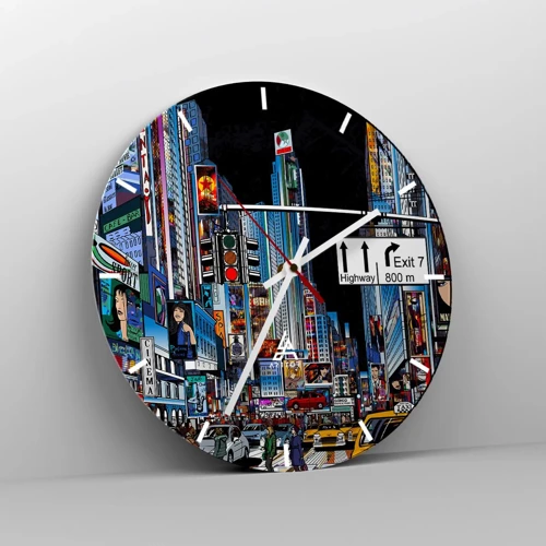 Wall clock - Clock on glass - Comic Night in a Big City - 40x40 cm