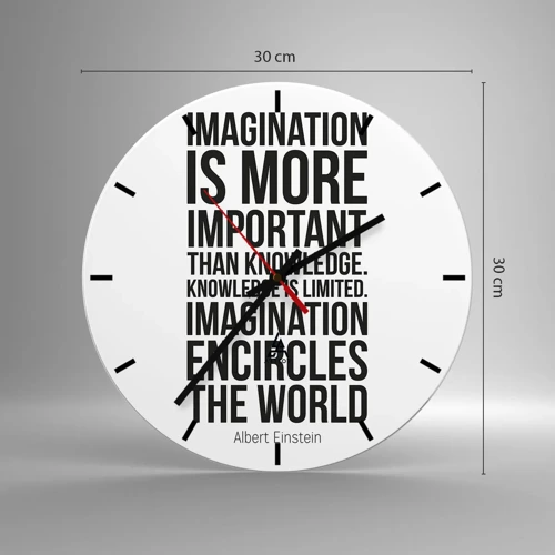 Wall clock - Clock on glass - Einstein about Power of Imagination - 30x30 cm