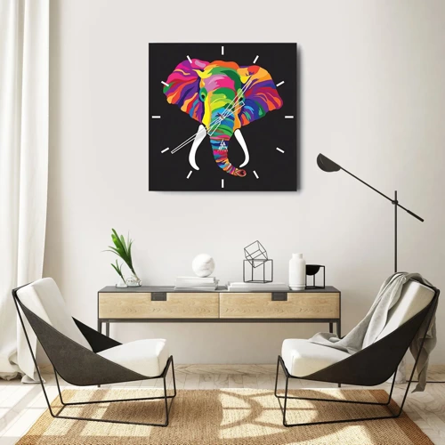 Wall clock - Clock on glass - Elephant That Enjoyed Rainbow Bath - 30x30 cm