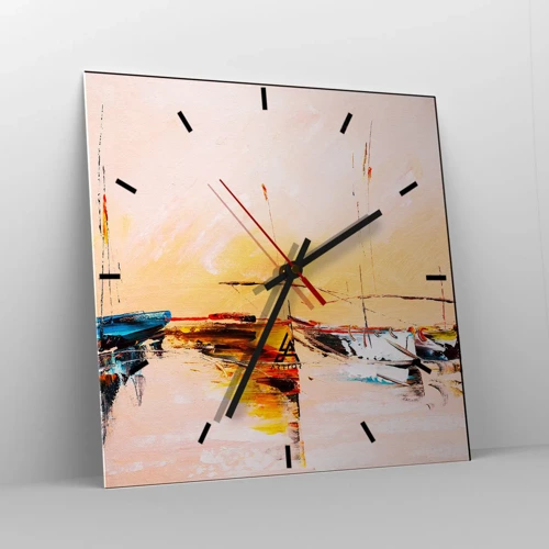 Wall clock - Clock on glass - Evening at the Harbour - 40x40 cm