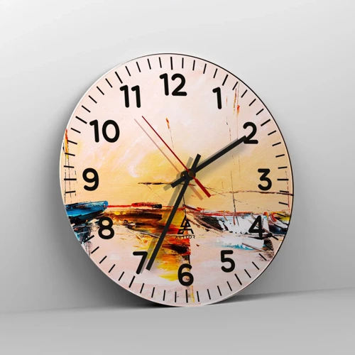 Wall clock - Clock on glass - Evening at the Harbour - 40x40 cm