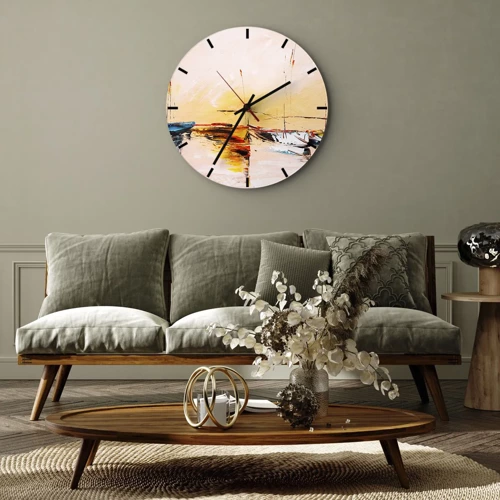 Wall clock - Clock on glass - Evening at the Harbour - 40x40 cm