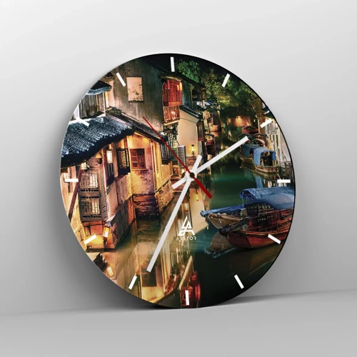 Wall clock - Clock on glass - Evening on a Chinese Street - 40x40 cm