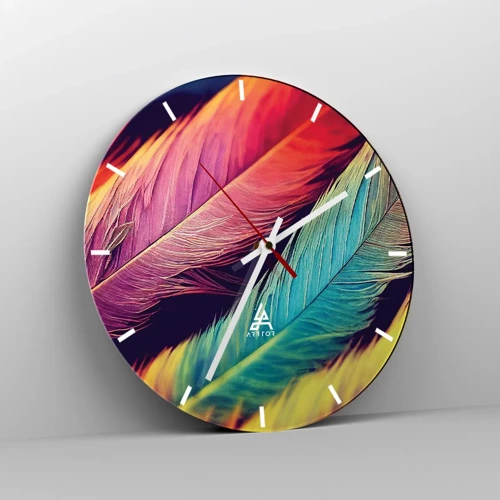 Wall clock - Clock on glass - Feathered Rainbow - 30x30 cm