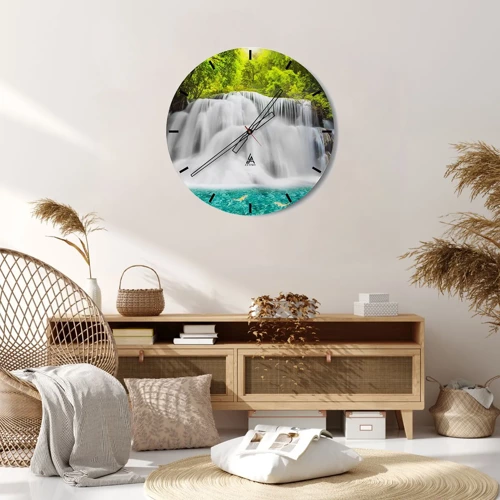 Wall clock - Clock on glass - Foamy Cascade from Green to Azure - 30x30 cm