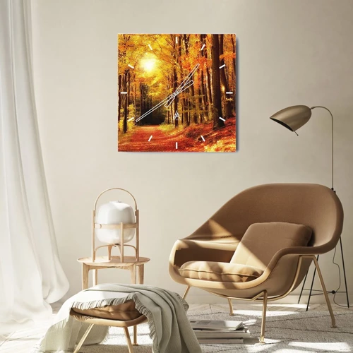 Wall clock - Clock on glass - Golden Autumn on a Forest Path - 30x30 cm