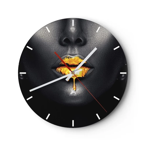 Wall clock - Clock on glass - Golden Lips - 30x30 cm