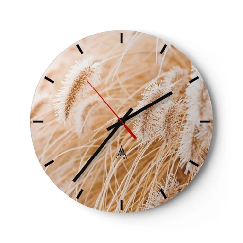 Wall clock - Clock on glass - Golden Rustling of Grass - 30x30 cm