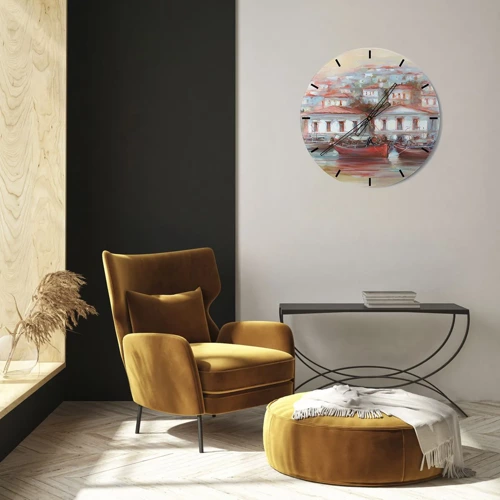 Wall clock - Clock on glass - Happy Town - 30x30 cm