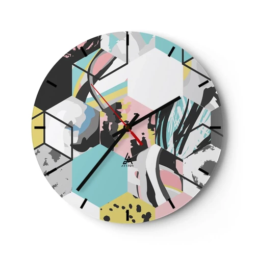 Wall clock - Clock on glass - Hexagons and Cubes in Six Colours - 30x30 cm