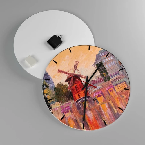 Wall clock - Clock on glass - Icons of Paris - Moulin Rouge - 40x40 cm