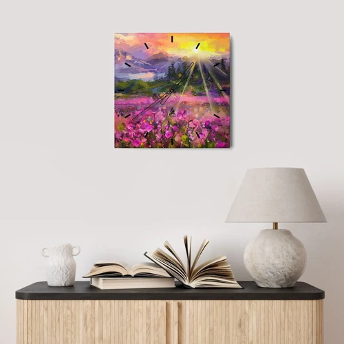 Wall clock - Clock on glass - In a Valley, Looked after by the Sun - 30x30 cm