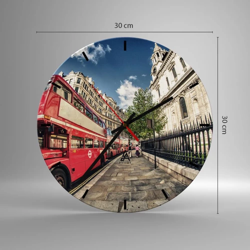 Wall clock - Clock on glass - London Street in Grey and Red - 30x30 cm