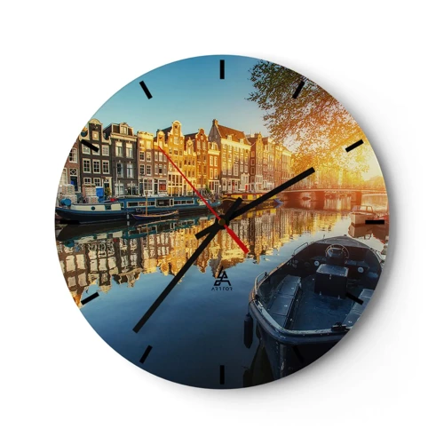 Wall clock - Clock on glass - Morning in Amsterdam - 40x40 cm