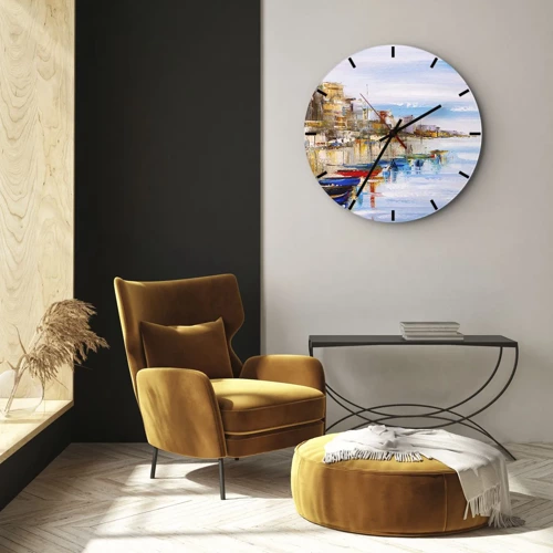 Wall clock - Clock on glass - Multicolour Town Marina - 30x30 cm