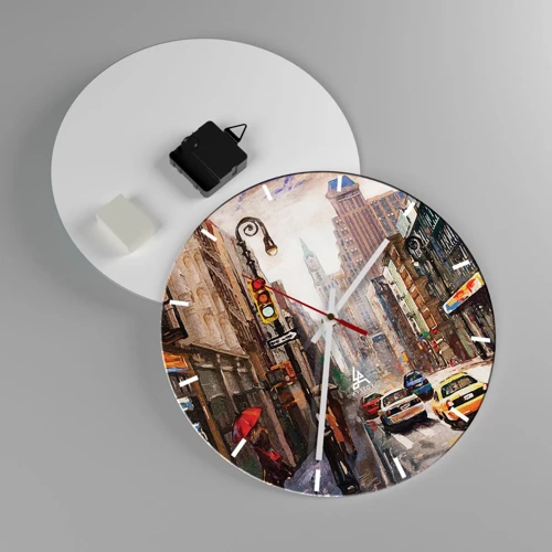 Wall clock - Clock on glass - New York - Colourful in Rain - 30x30 cm