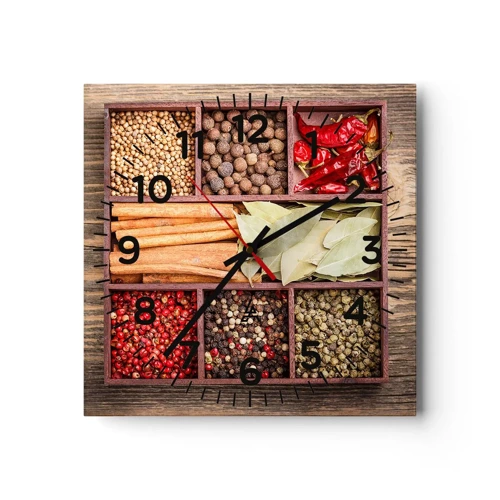 Wall clock - Clock on glass - Order of Shapes, Bunch of Aromas - 30x30 cm