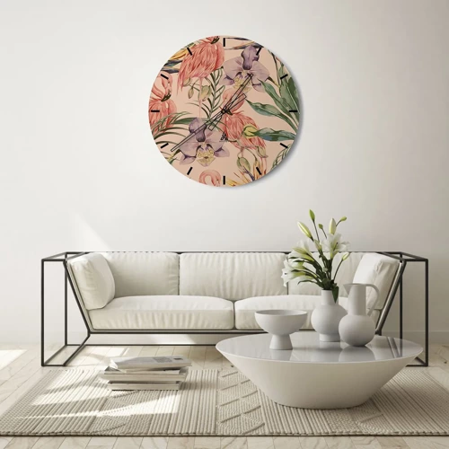 Wall clock - Clock on glass - Pink Ballet among Flowers - 30x30 cm