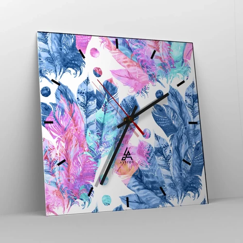 Wall clock - Clock on glass - Pink and Blue Plumes - 30x30 cm