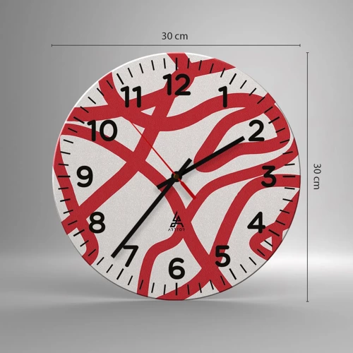 Wall clock - Clock on glass - Red on White - 30x30 cm