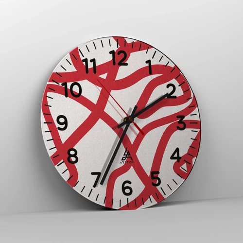 Wall clock - Clock on glass - Red on White - 30x30 cm