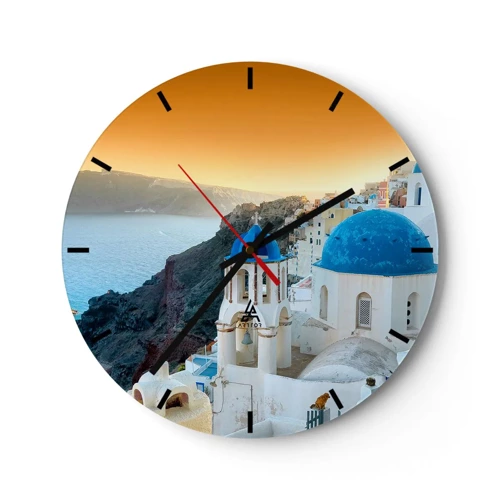 Wall clock - Clock on glass - Santorini - Snuggling up to the Rocks - 30x30 cm