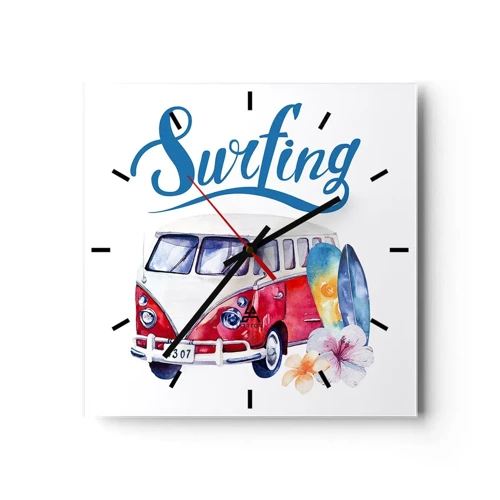 Wall clock - Clock on glass - Surfer's Van - 30x30 cm