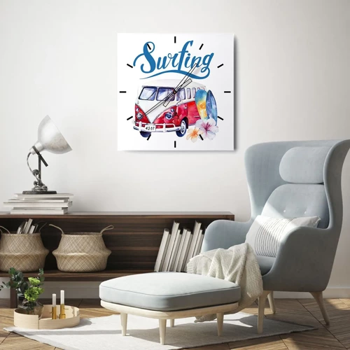 Wall clock - Clock on glass - Surfer's Van - 30x30 cm