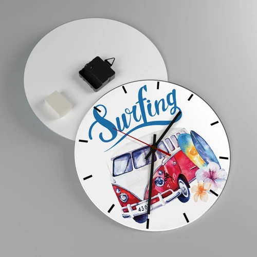 Wall clock - Clock on glass - Surfer's Van - 30x30 cm